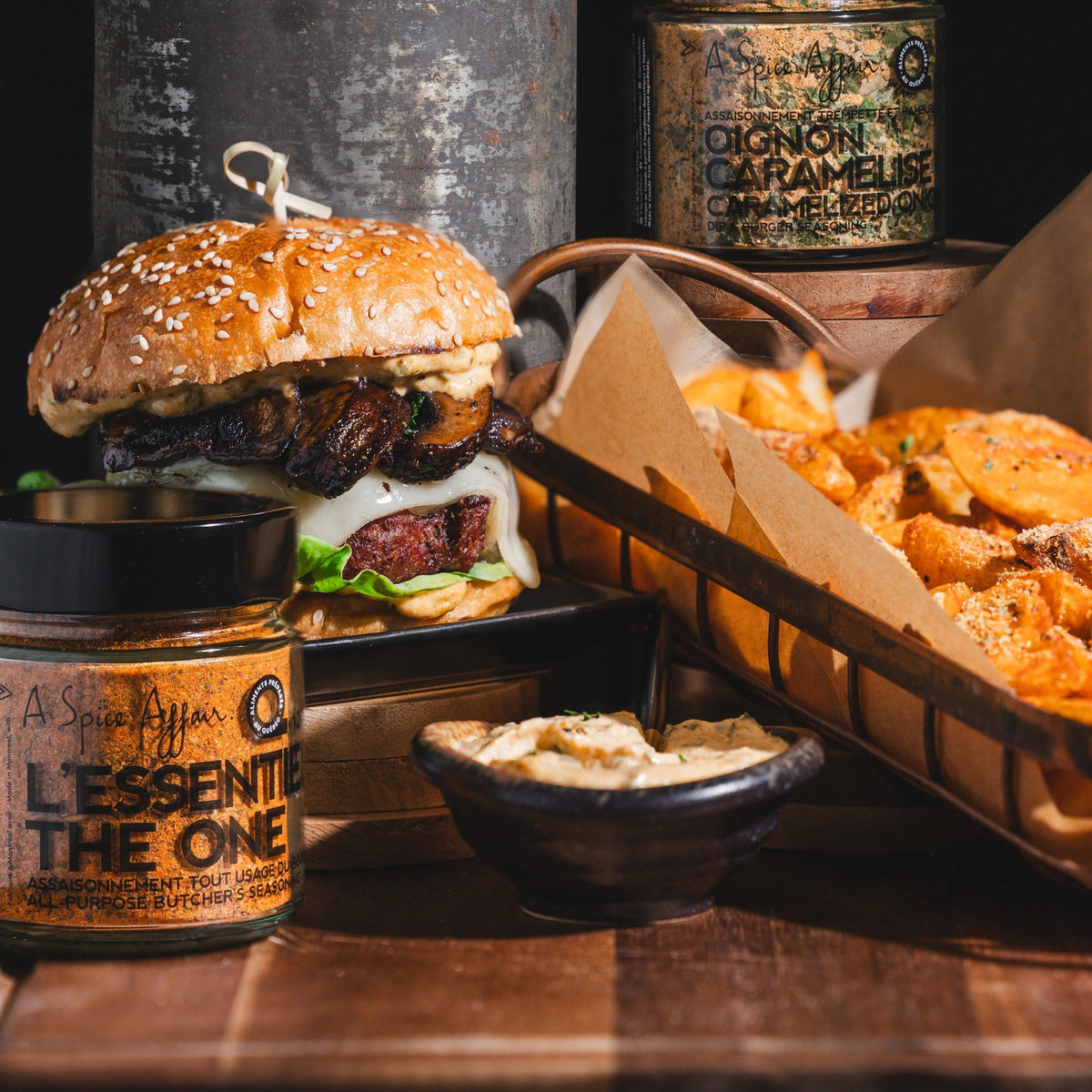 Gourmet Burger with Caramelized Onion Sauce & Garlic Parmesan Fries