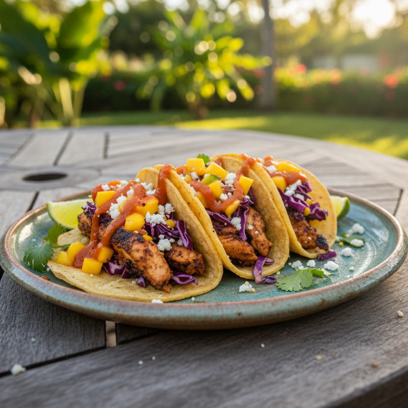 Three soft corn tacos filled with grilled chicken, purple cabbage, diced mango, salsa, and lime, served on a teal ceramic plate on a round wooden outdoor table with a blurred garden background.