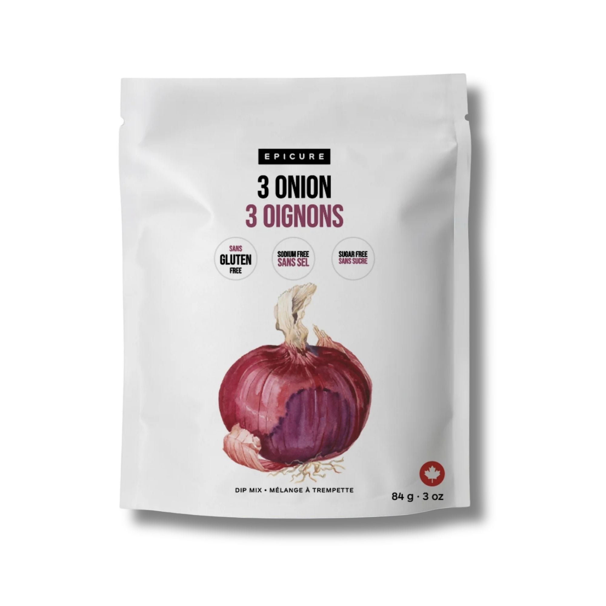 A white resealable pouch of Epicure 3 Onion Dip Mix with a watercolor illustration of a red onion on the front, set against a plain white background.