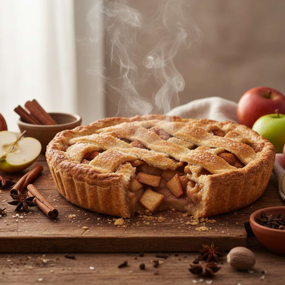 Fresh baked apple pie  surrounded by spices and apples on a butcher block counter