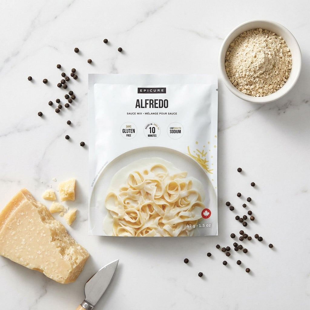 A package of Epicure Alfredo sauce mix is laid on a white marble surface, surrounded by food styling props including a wedge of Parmesan, a small knife, scattered black peppercorns, and a bowl of oats. The package shows an illustration of fettine pasta in white Alfredo sauce.