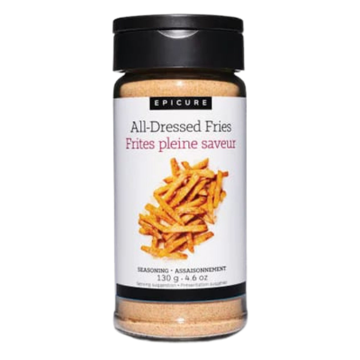 A bottle of Epicure All-Dressed Fries seasoning on a plain white background. The clear plastic bottle shows the light brown seasoning powder inside, topped with a black cap and featuring a white label with a picture of golden french fries.