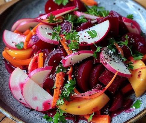 A close-up of a colorful vegetable salad in a speckled gray bowl, featuring sliced red beets, radishes, orange carrots, and yellow squash garnished with fresh parsley.