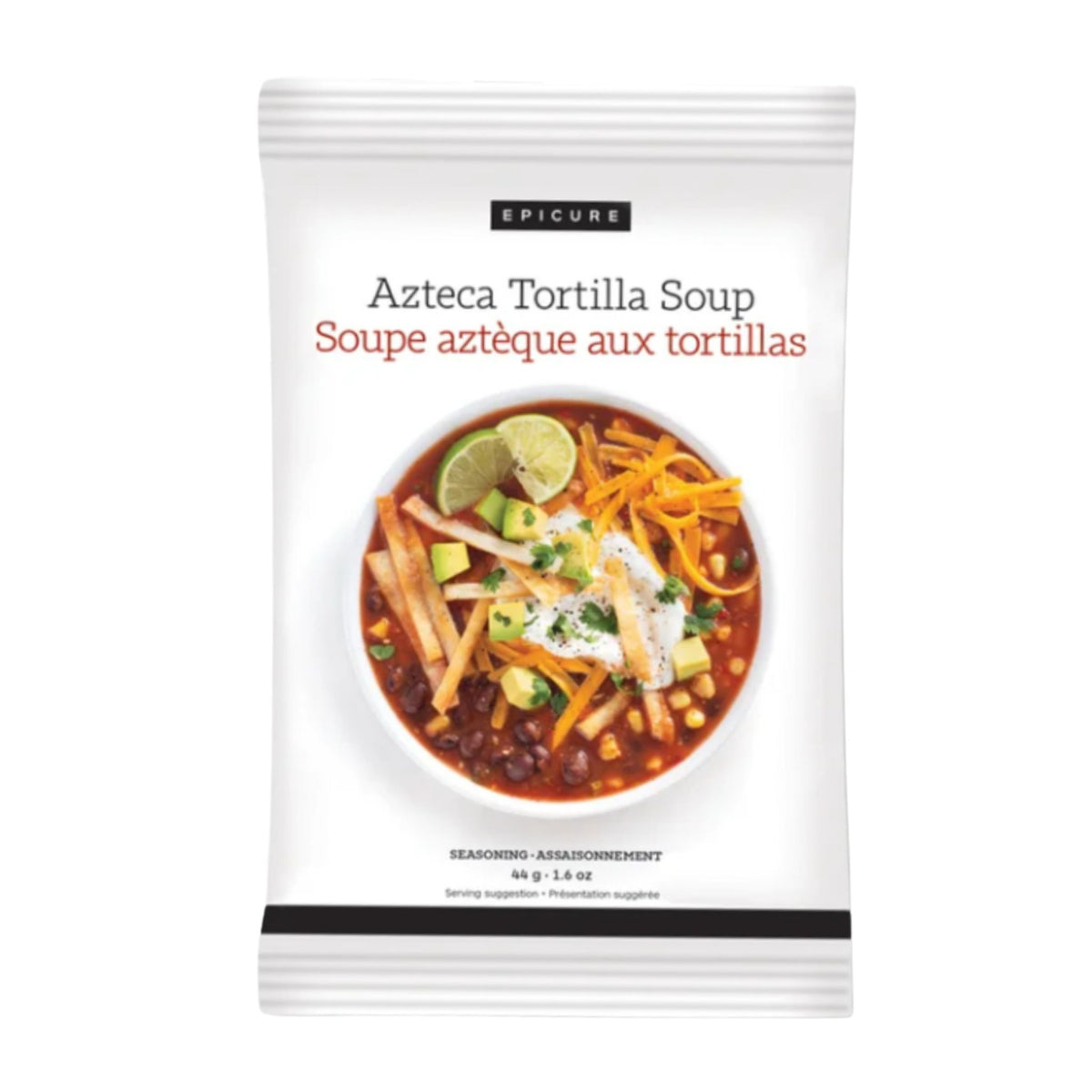 A package of Epicure Azteca Tortilla Soup seasoning mix, featuring a white bag with a colorful image of a prepared soup bowl on the front.