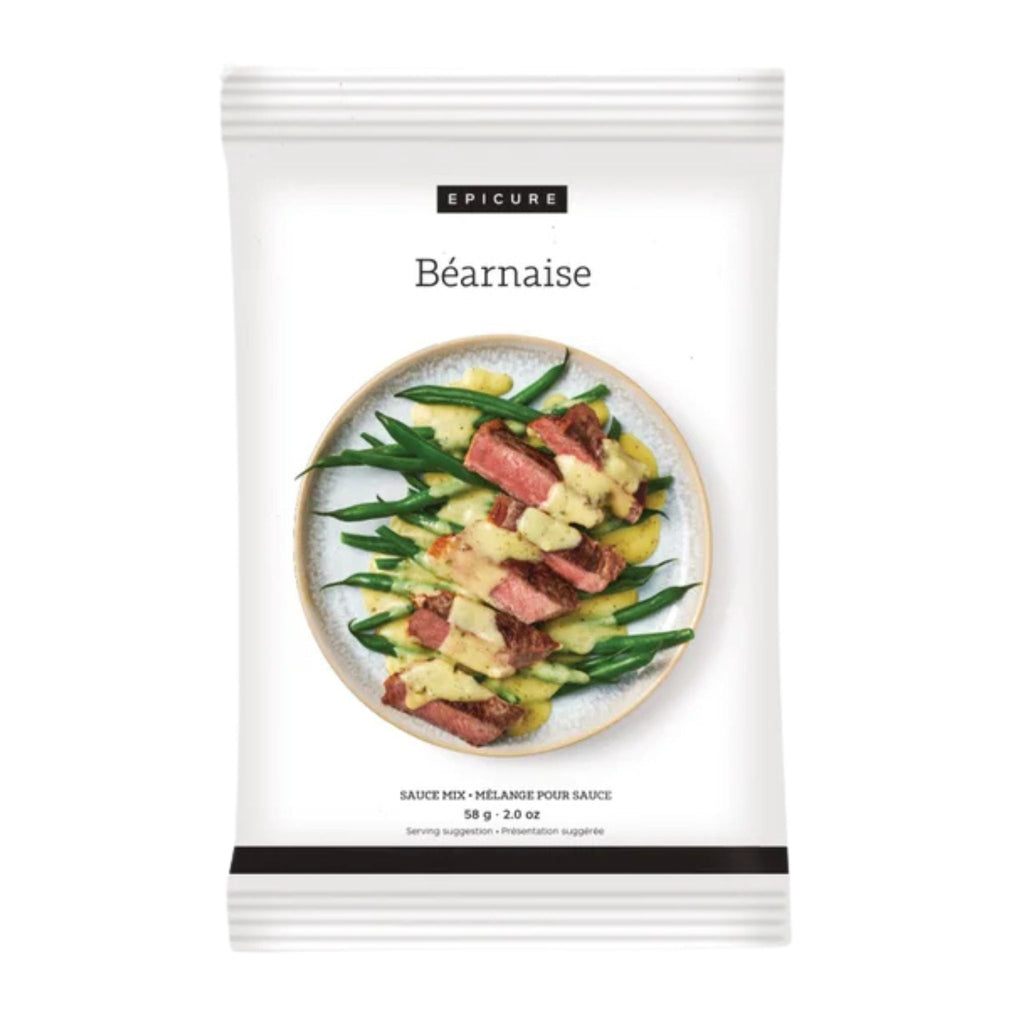 A package of Epicure Béarnaise sauce mix, featuring a white bag with a central photo of the prepared dish and text indicating 58 g (2.08 oz).