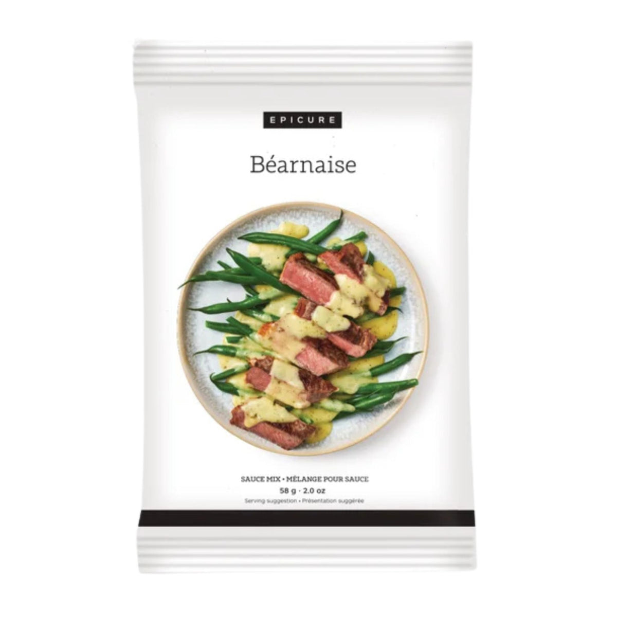 A package of Epicure Béarnaise sauce mix, featuring a white bag with a central photo of the prepared dish and text indicating 58 g (2.08 oz).