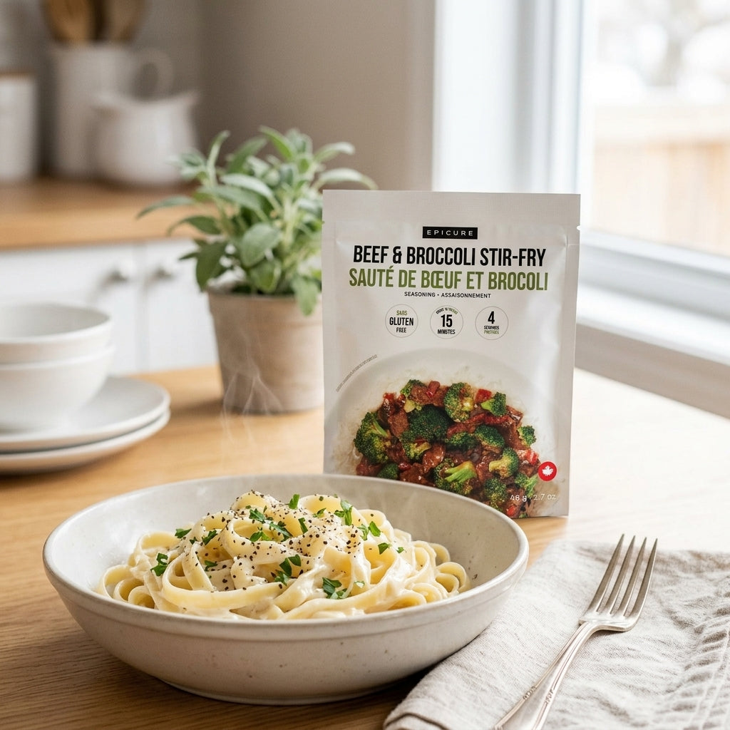 A package of Epicure Beef & Broccoli Stir-Fry stands behind a bowl of prepared pasta with broccoli and cheese on a wooden table, with a fork and plant in the background.