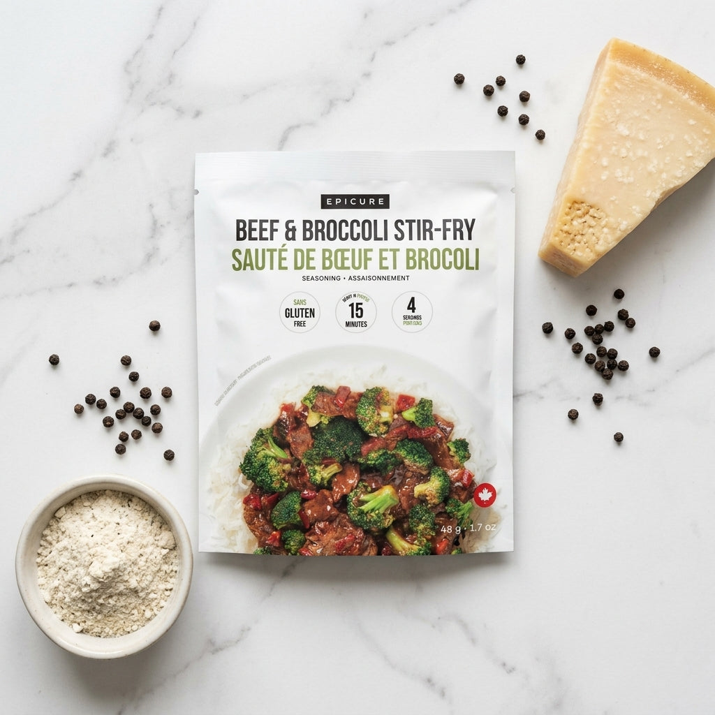 A package of Epicure Beef & Broccoli Stir-Fry is displayed on a white marble flat-lay surface, surrounded by its ingredients: a wedge of Parmesan cheese, scattered black peppercorns, and a small bowl of rice.
