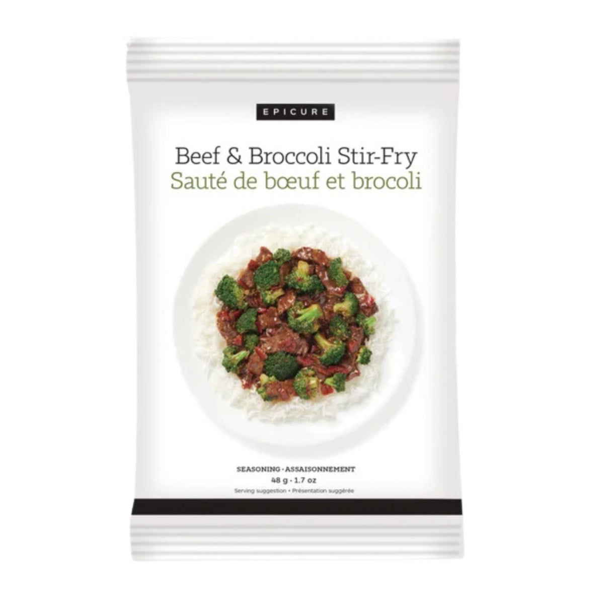 A package of Epicure Beef & Broccoli Stir-Fry seasoning, featuring a white background with a central image of the cooked dish served over rice.