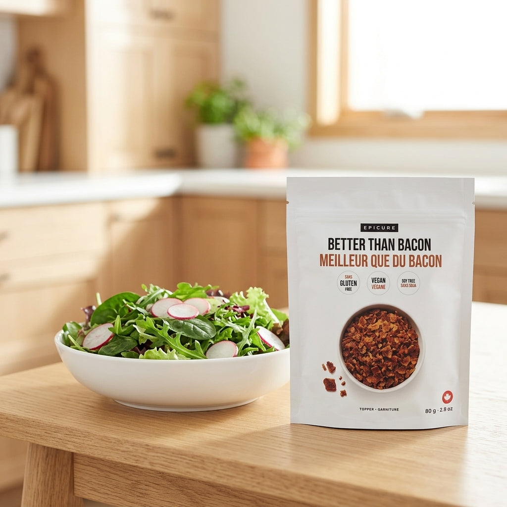 A stand-up pouch of Epicure Better Than Bacon seasoning mix stands on a wooden table next to a white bowl of mixed green salad with sliced radishes, in a softly blurred kitchen setting.