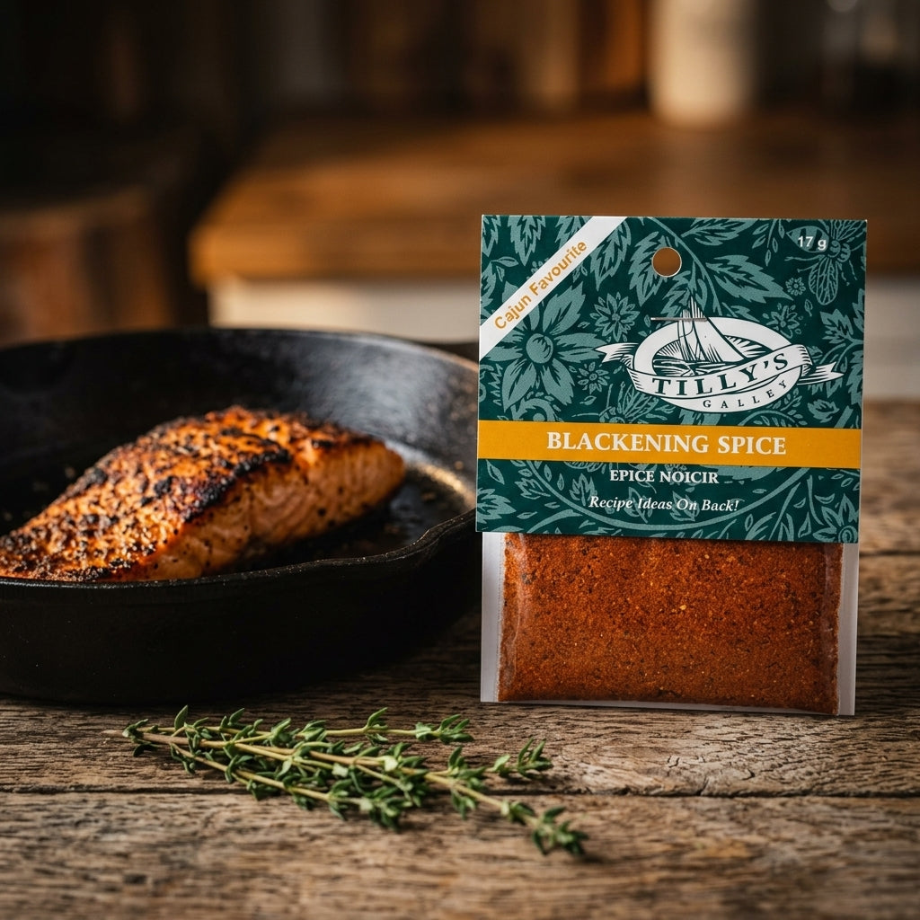Tilly's Galley Blackening Spice Blend with coated salmon in cast iron fry pan