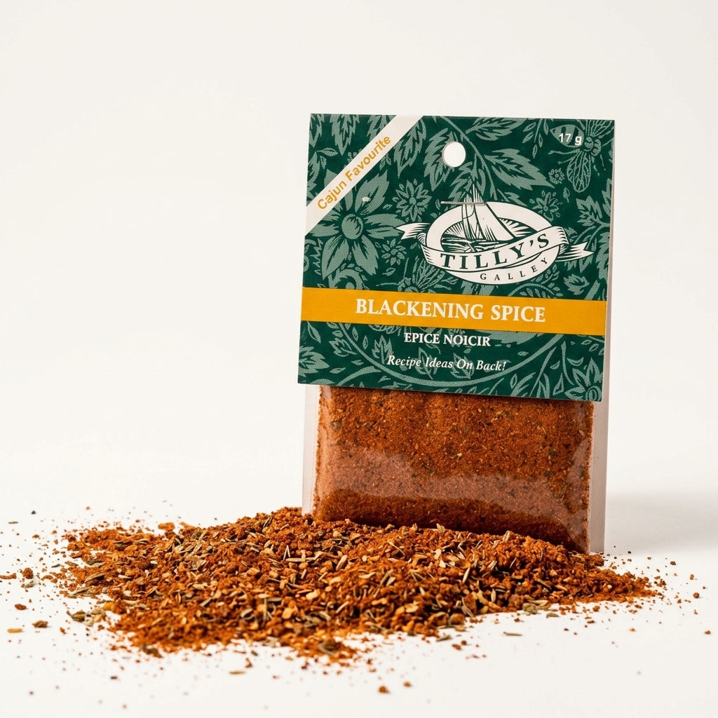 Tilly's Galley Blackening Spice Blend with spill on a white background
