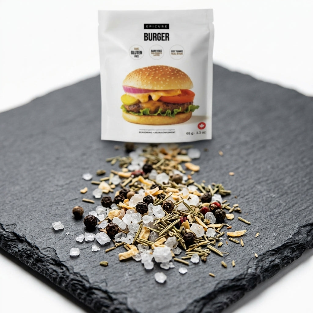 A white stand-up pouch labeled 'Epicure  BURGER' stands on a dark slate board with a scattered mix of seasoning ingredients in front. The seasoning blend includes coarse white salt, black peppercorns, dried herbs, and tan spices.