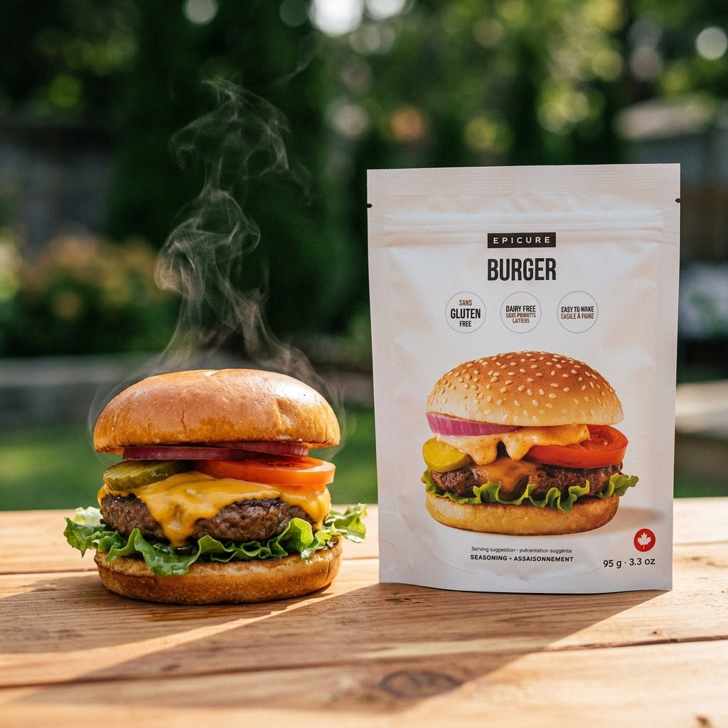 A gourmet burger with melted cheese, lettuce, and tomato sits on a wooden table with steam rising, next to a white stand-up pouch labeled 'EPICURE BURGER'. The background is a blurred outdoor garden setting.