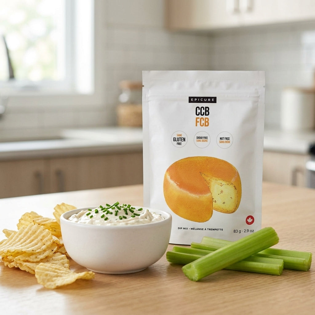A stand-up pouch of Epicure CCB FCB gluten free cheese dip stands on a wooden kitchen counter next to a bowl of dip, celery sticks, and potato chips.