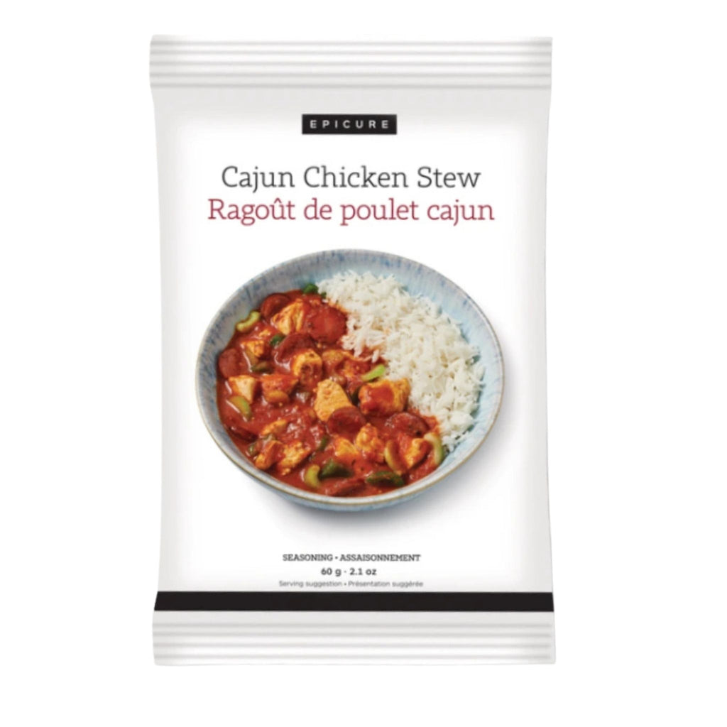 A package of Epicure Cajun Chicken Stew seasoning, featuring a white bag with a photo of chicken stew over rice on the front.