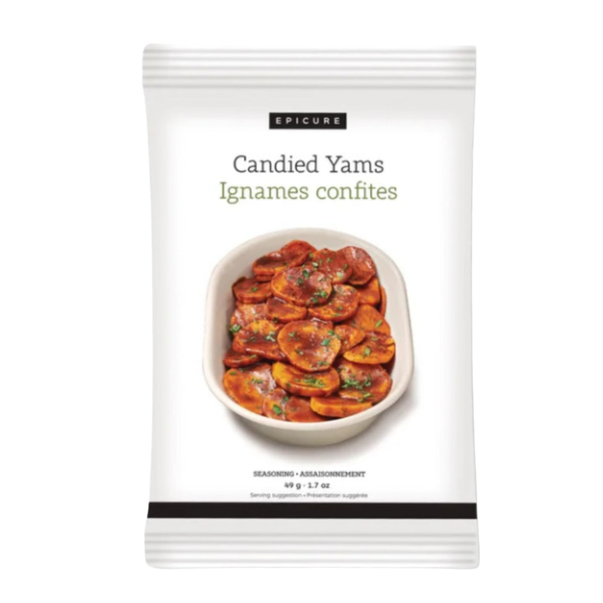 A package of Epicure Candied Yams (Ignames confites) seasoning and adobo blend. The white pouch features a photo of sliced, glazed yams in a white bowl, with the brand name 'EPICURE' at the top.