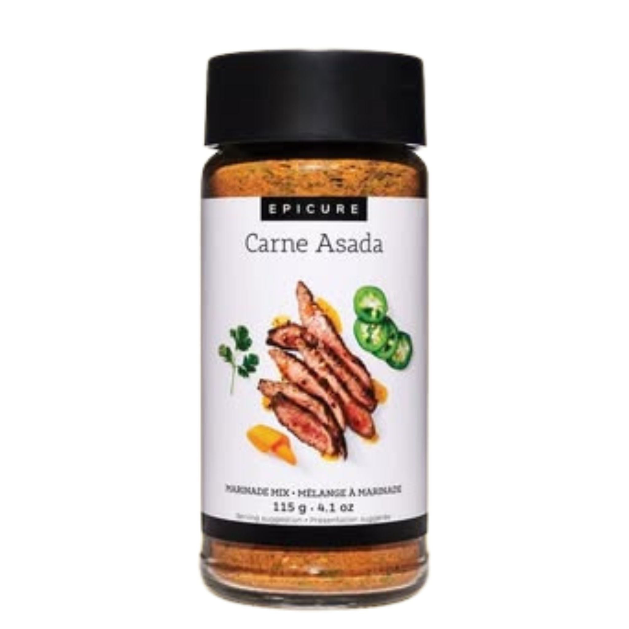 A bottle of Epicure Carne Asada marinade mix on a plain white background. The clear bottle shows the brownish-orange seasoning blend inside, topped with a black cap and featuring a white label with an illustration of sliced grilled meat and jalapeño slices.