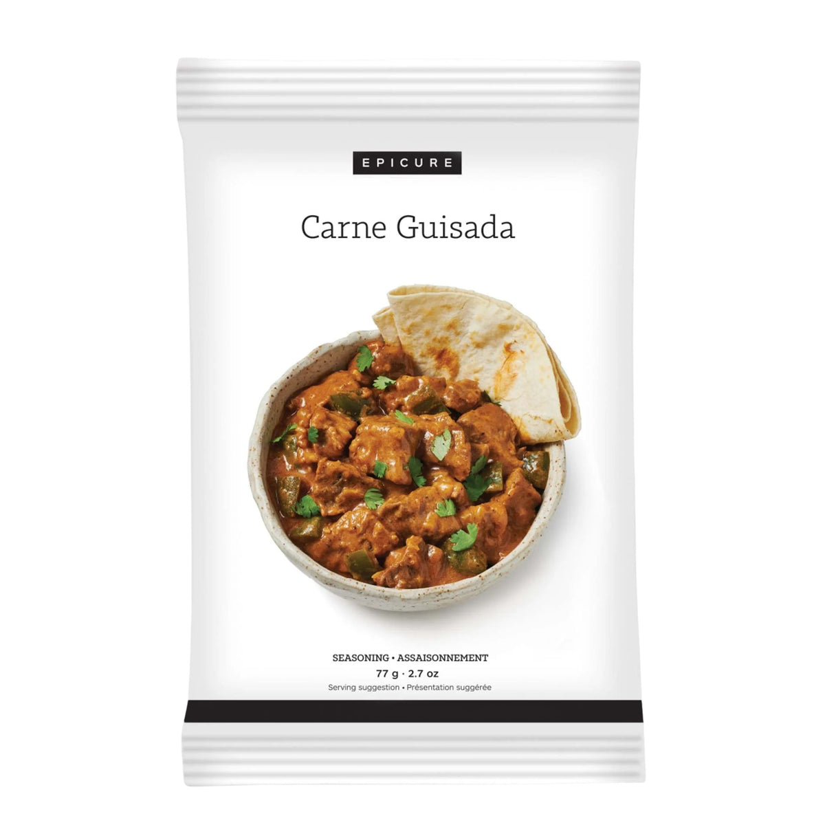 A white seasoning packet labeled EPICURE Carne Guisada, featuring a photo of a bowl of cooked meat with tortilla chips and green garnish.