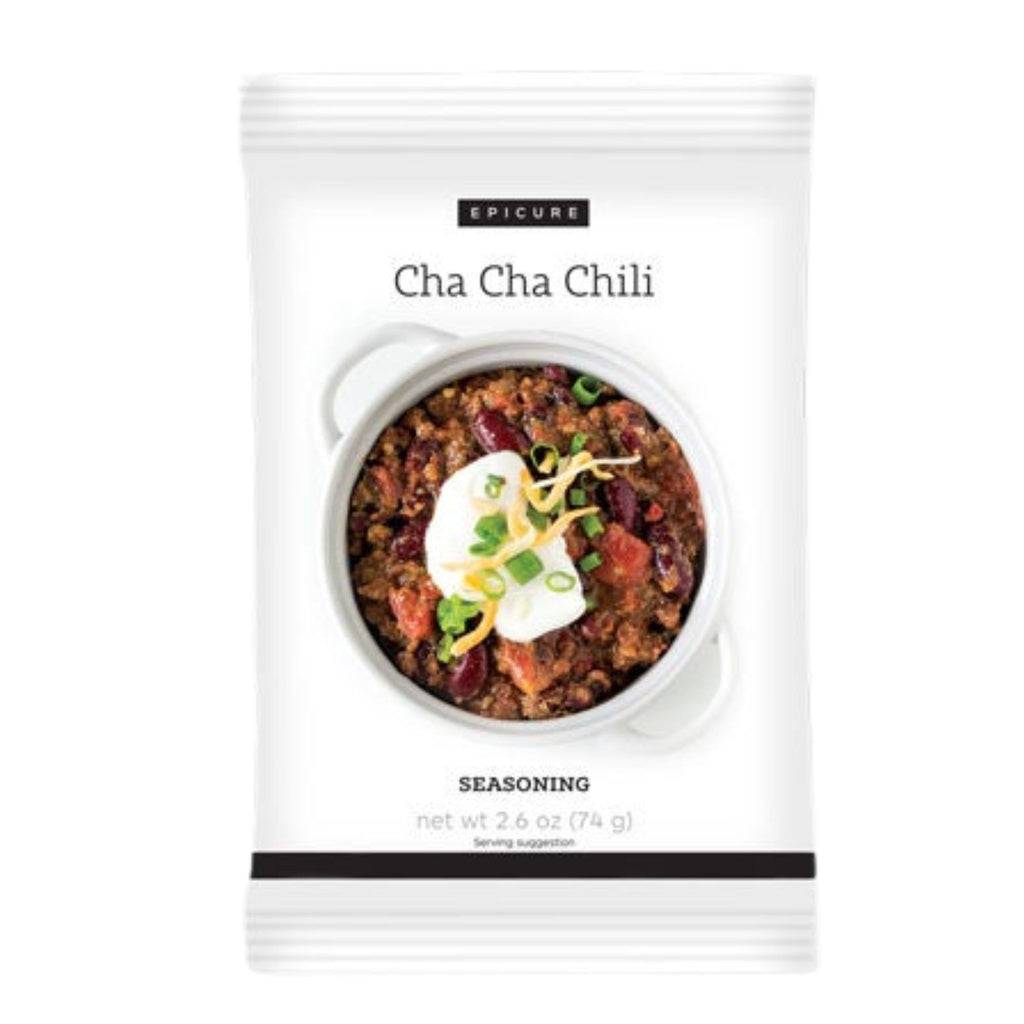 A single seasoning packet for Epicure Cha Cha Chili, featuring a white package with a central photo of a chili dish topped with sour cream, cheese, and green onions.