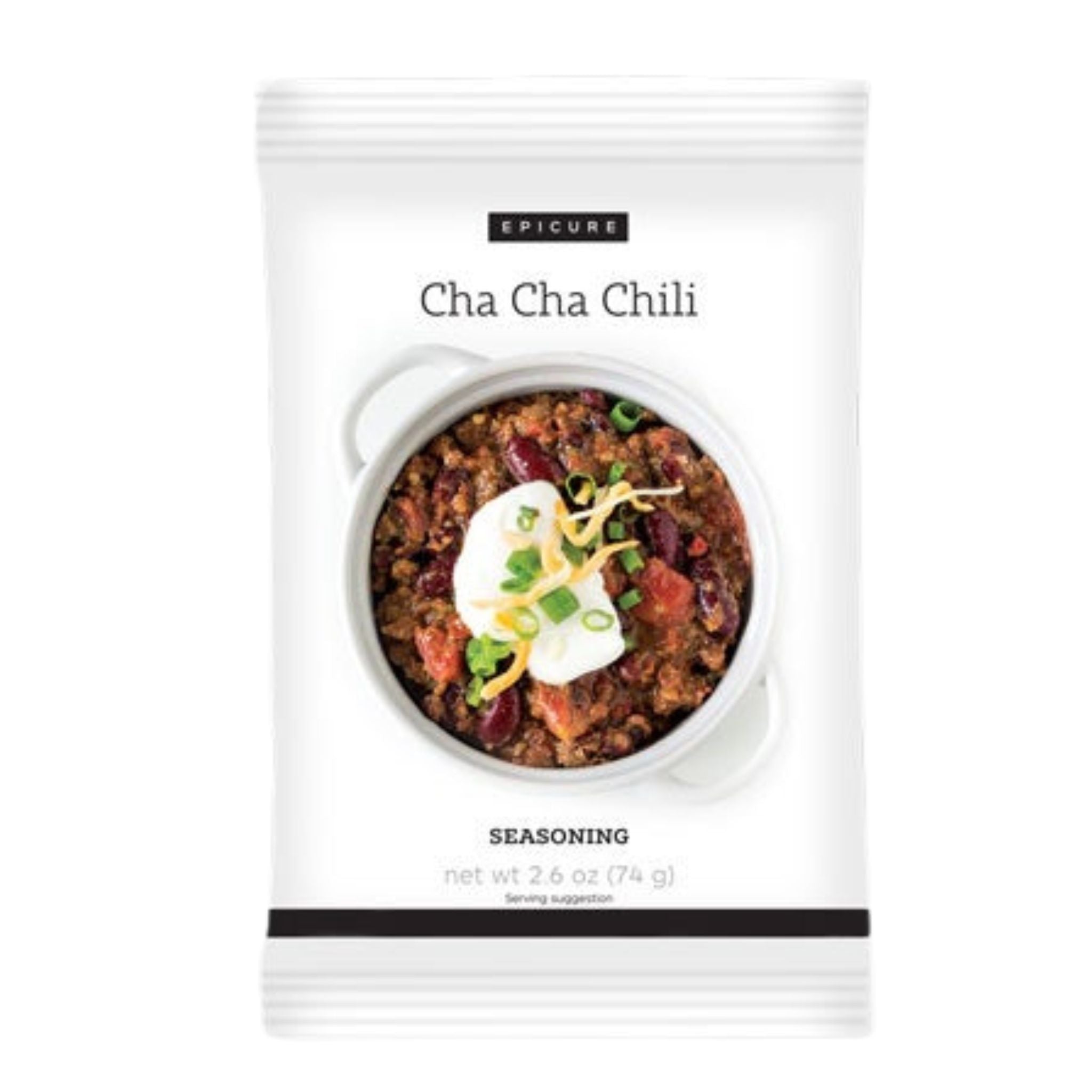 A single seasoning packet for Epicure Cha Cha Chili, featuring a white package with a central photo of a chili dish topped with sour cream, cheese, and green onions.