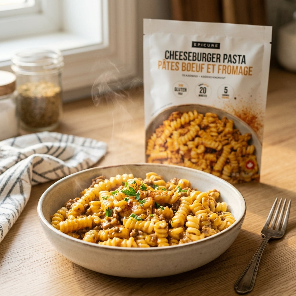 A bowl of rotini pasta with cheeseburger sauce sits on a wooden table with a package of Epicure Cheeseburger Pasta behind it, with a fork and jars in a kitchen setting.