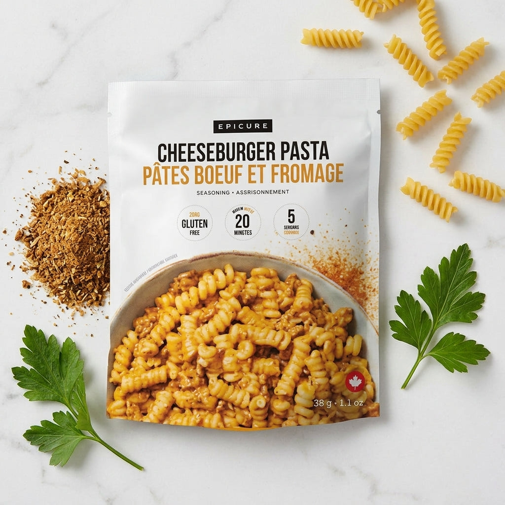 A package of Epicure Cheeseburger Pasta is displayed on a white marble background, styled with raw rotini pasta, parsley, and a pile of seasoning. The white pouch features a photo of the cheesy, sauced pasta and text indicating it is gluten free and ready in 20 minutes.