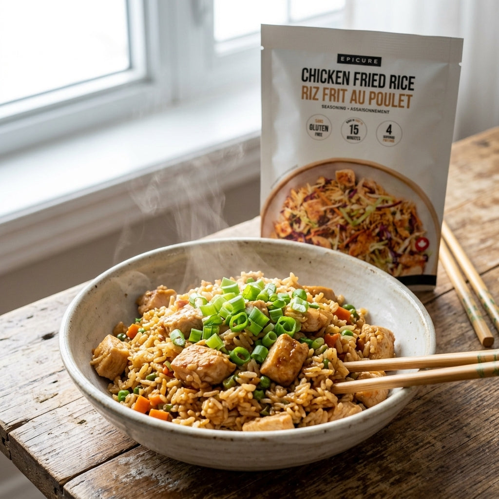 A bowl of prepared chicken fried rice with green onions sits on a rustic wooden table, with the Epicure pouch of Chicken Fried Rice standing behind it near a window.