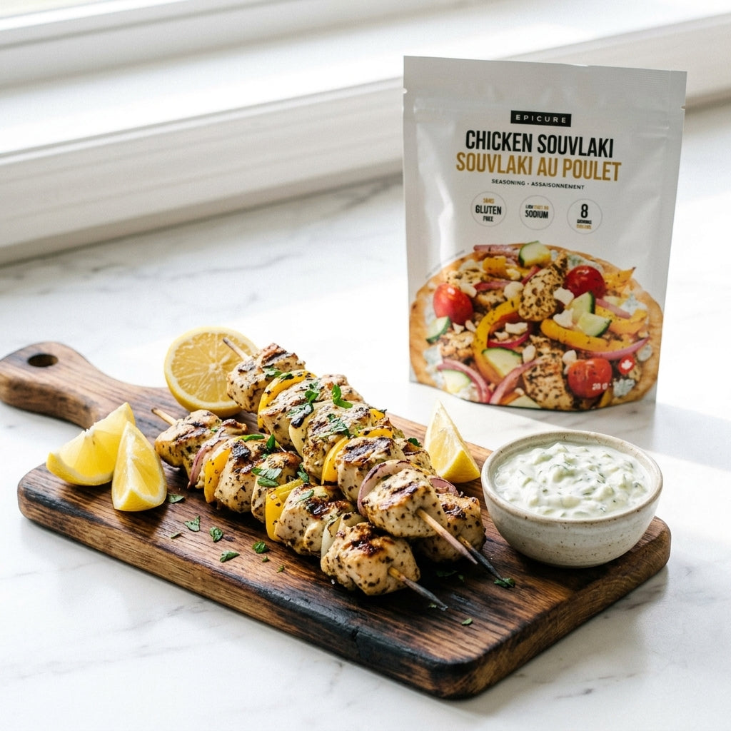 Grilled chicken souvlaki skewers on a wooden board with lemon wedges and a side of tzatziki sauce, next to a bag of Epicure Chicken Souvlaki.
