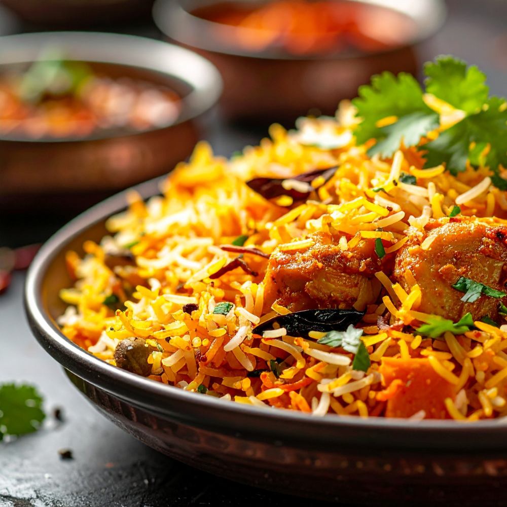 A close-up shot of a bowl of Indian chicken biryani rice, featuring golden-yellow rice grains, pieces of cooked chicken, curry leaves, and fresh cilantro garnish, served in a dark brown textured bowl.