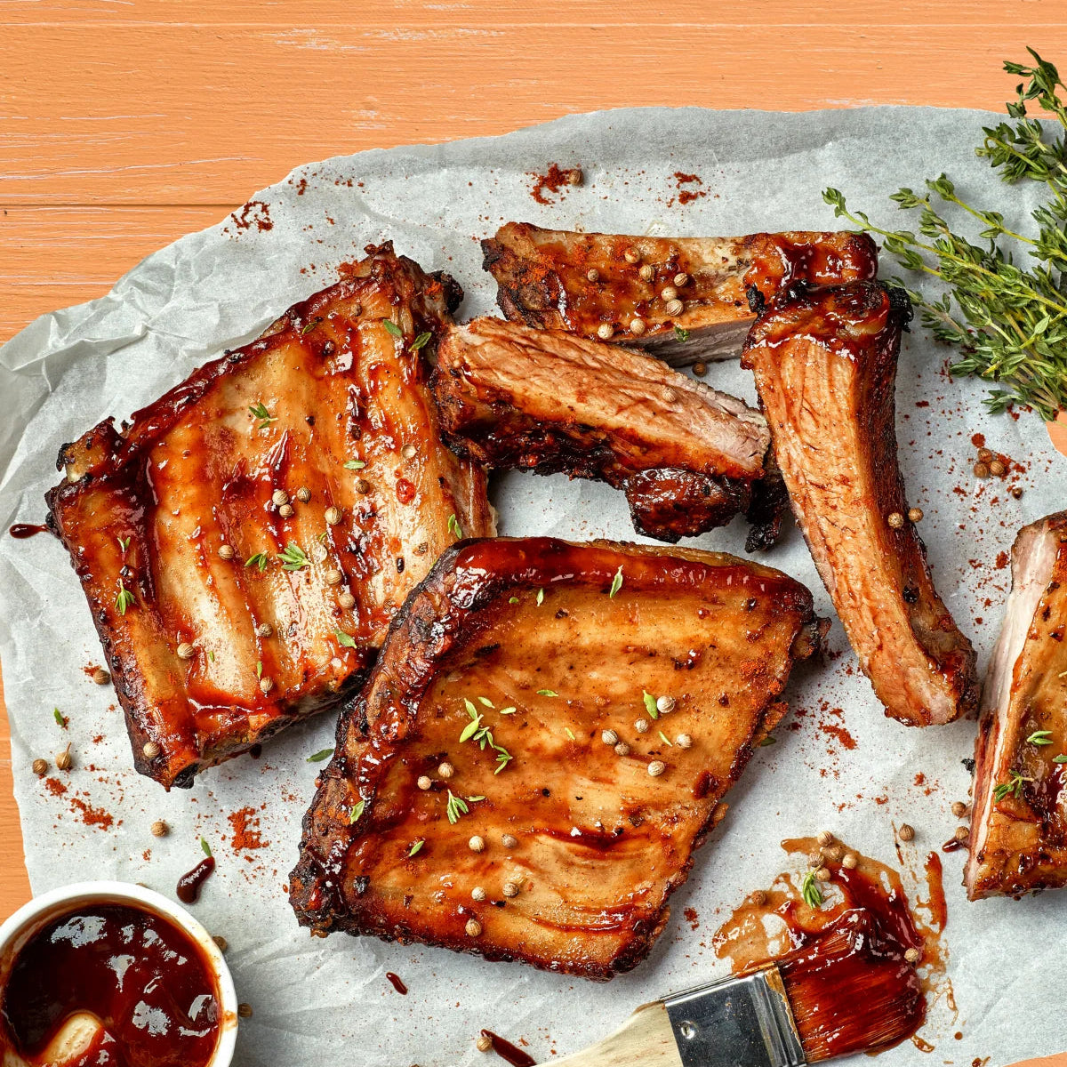 Glazed pork ribs arranged on parchment paper with a small bowl of sauce and a pastry brush on a wooden surface.