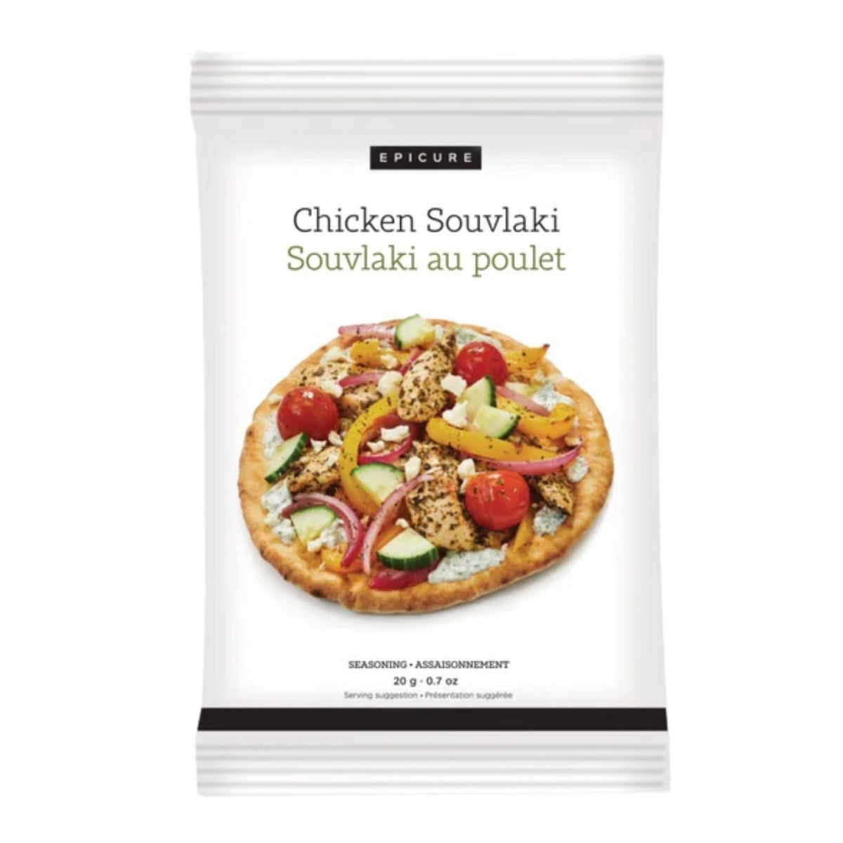 A package of Epicure Chicken Souvlaki seasoning, featuring a photo of a prepared chicken pizza on a white background.