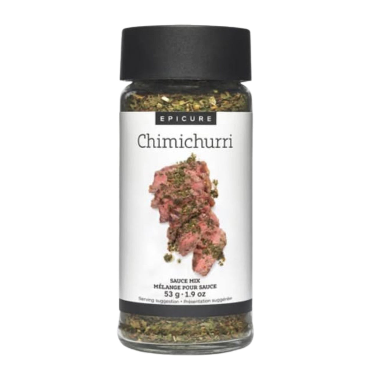 A bottle of Epicure Chimichurri sauce mix, 53 g (1.9 oz), featuring a white label with an illustration of raw meat mixed with green herbs and a black cap, set against a plain white background.