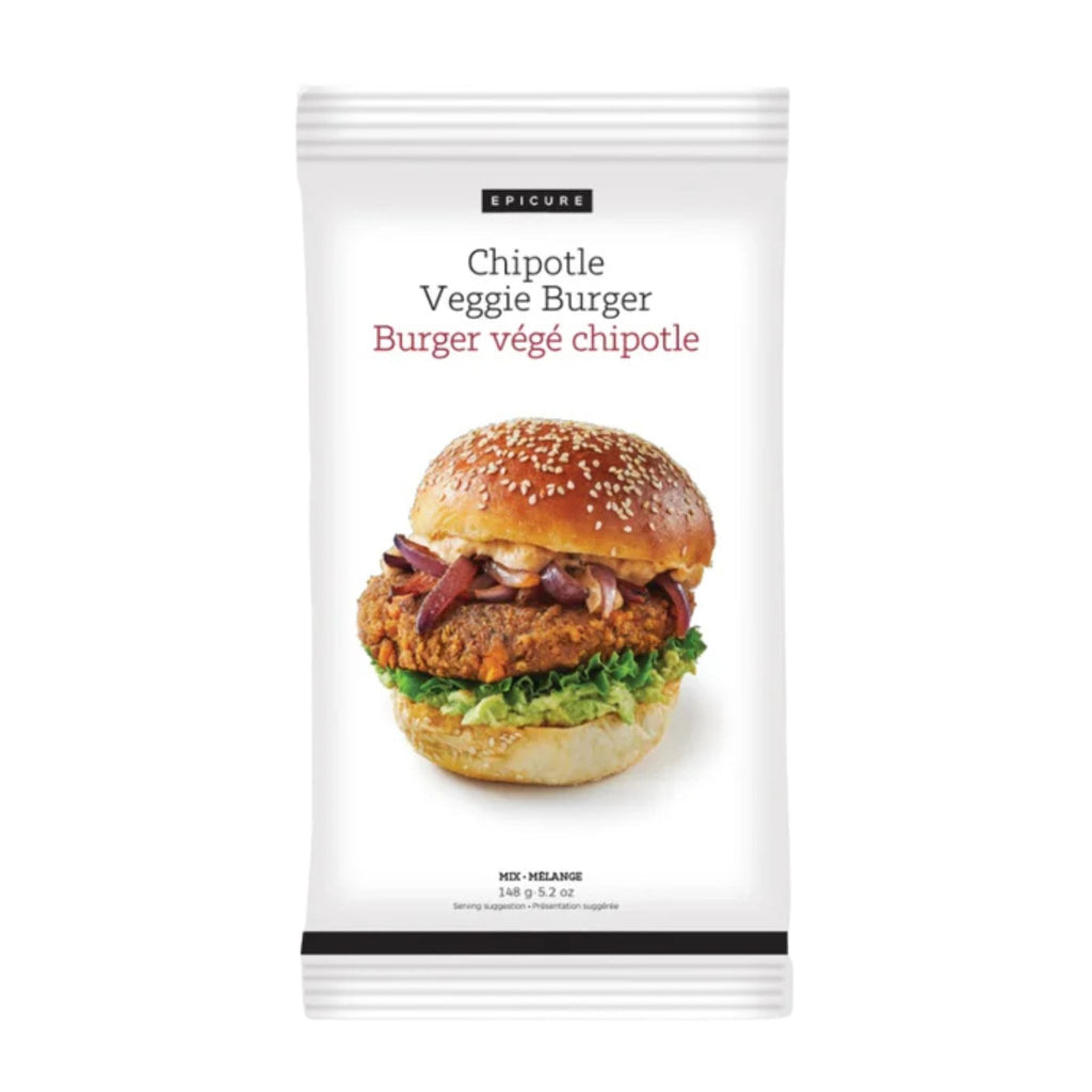 A package of Epicure Chipotle Veggie Burger Mix-Melange seasoned ground meat in a white resealable bag with a photo of a cheeseburger on the front.