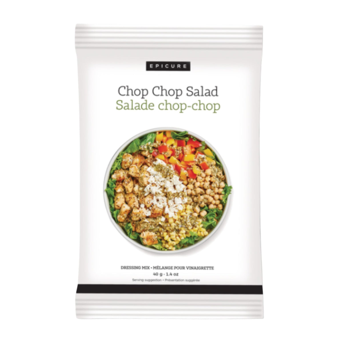 A package of Epicure Chop Chop Salad dressing mix, featuring a white bag with a central image of a colorful salad bowl.