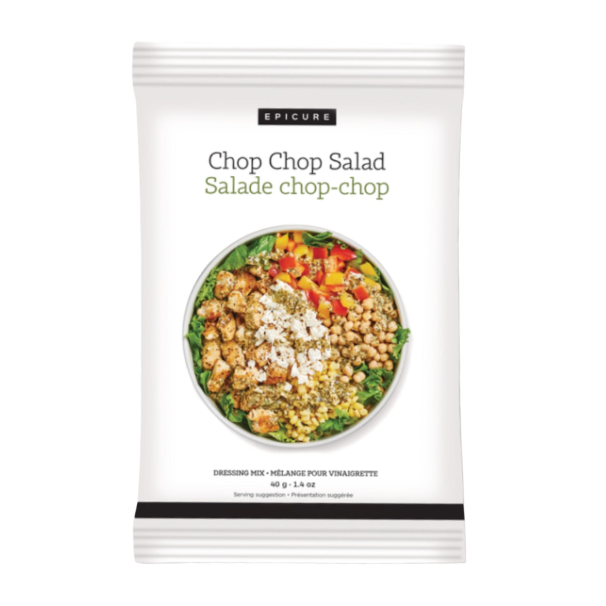 A package of Epicure Chop Chop Salad dressing mix, featuring a white bag with a central image of a colorful salad bowl.