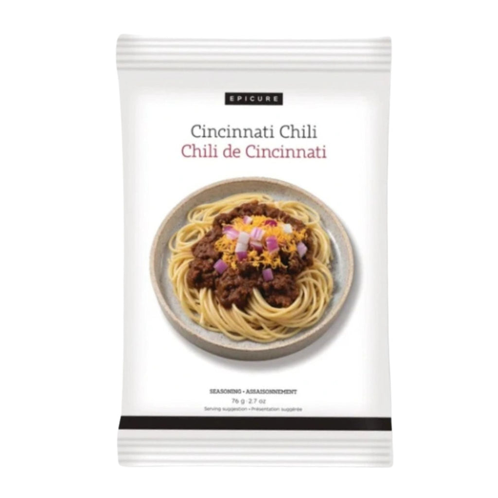 A package of Epicure Cincinnati Chili seasoning and garnish, featuring a white bag with a photo of spaghetti topped with chili and cheese on the front.