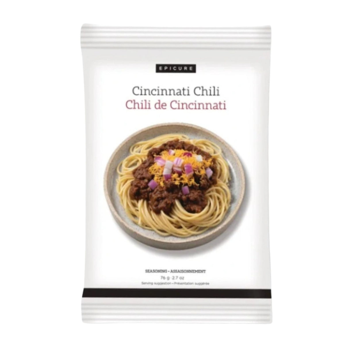 A package of Epicure Cincinnati Chili seasoning and garnish, featuring a white bag with a photo of spaghetti topped with chili and cheese on the front.
