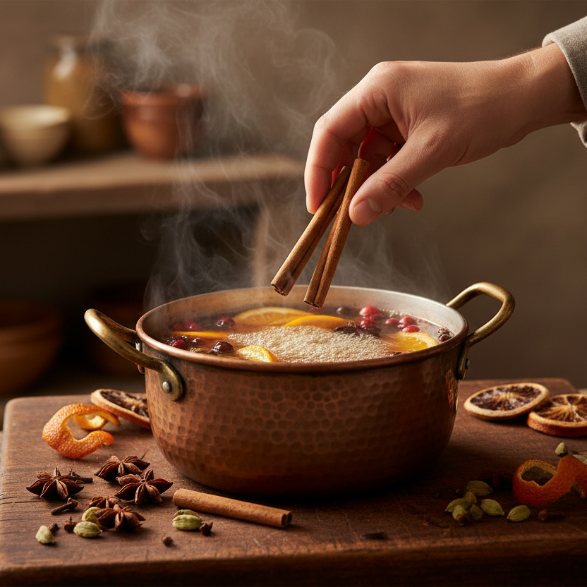 A steaming pot of citrus and spices with cinnamon sticks being added to the pot surrounded by slices of citrus and other spices