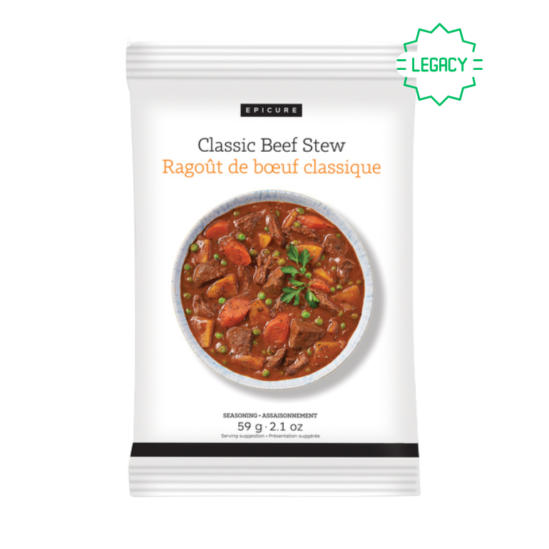 A white seasoning packet for Epicure Classic Beef Stew, featuring a photo of the cooked beef stew in a bowl on the front. The packaging is white with black and orange text, and a green 'LEGACY' badge is in the top right corner.