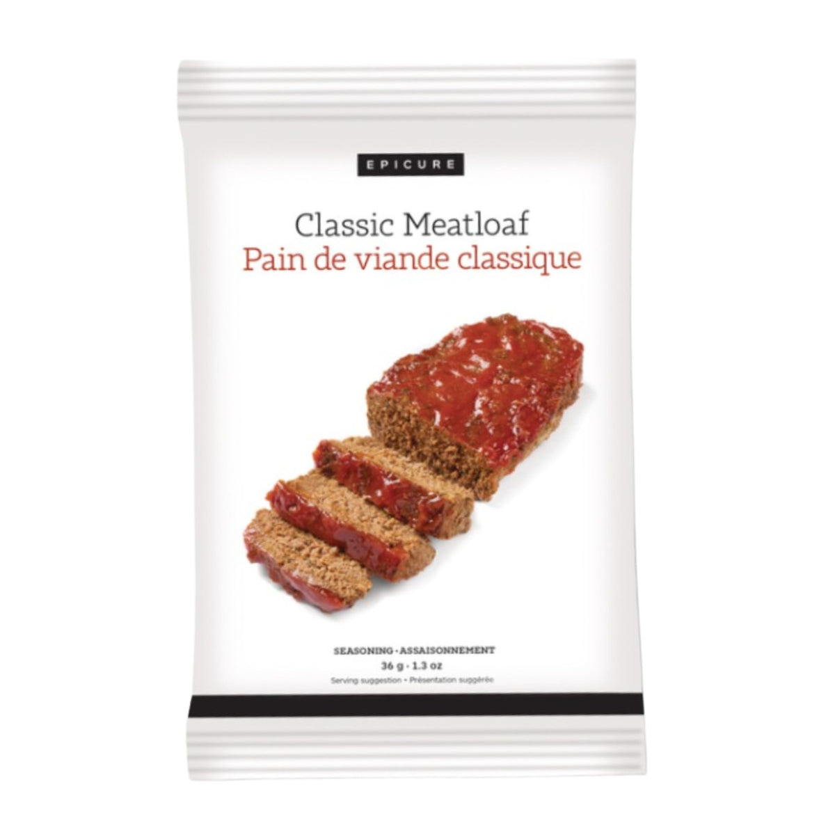 A white bag of Epicure Classic Meatloaf seasoning, featuring a photo of a sliced meatloaf with red glaze on the front, set against a plain white background.