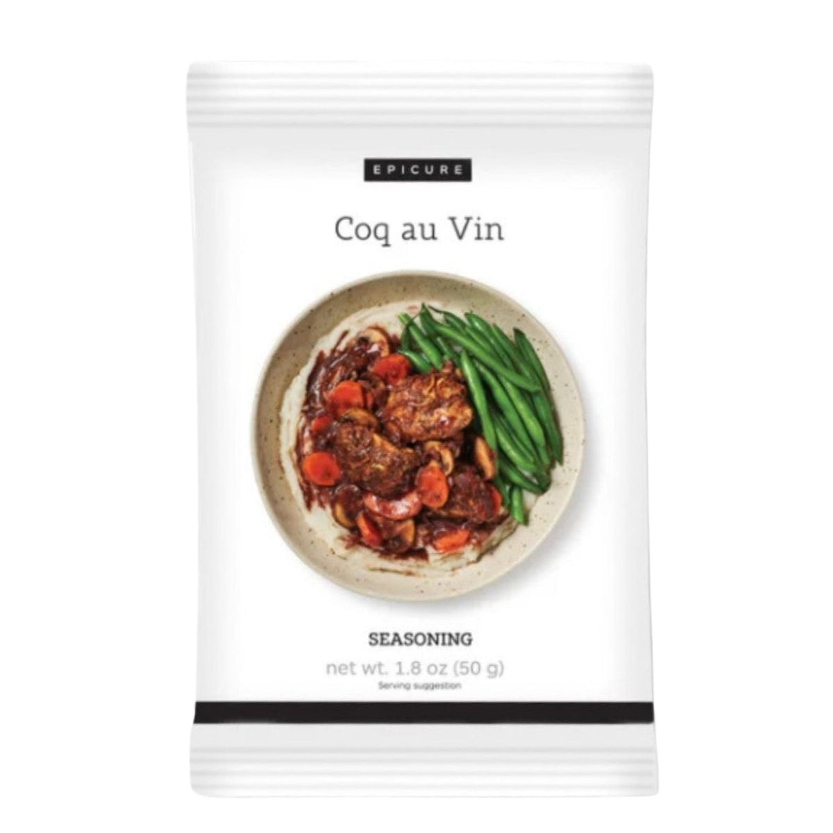 A white seasoning packet labeled EPICURE Coq au Vin SEASONING, featuring a photo of a cooked chicken dish with green beans on the front.