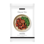 A white seasoning packet labeled EPICURE Coq au Vin SEASONING, featuring a photo of a cooked chicken dish with green beans on the front.