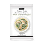 A package of Epicure Creamy Pesto Parmesan Chicken, featuring a white background with a central photo of the prepared dish and black and green text.