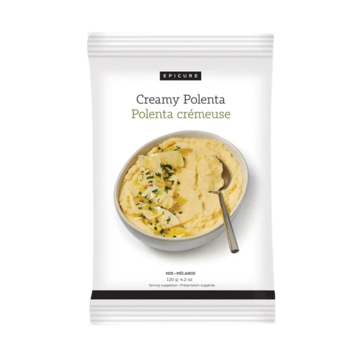 A package of Epicure Creamy Polenta (Polenta crémeuse) in a white stand-up pouch with a photo of the prepared food in a bowl on the front.