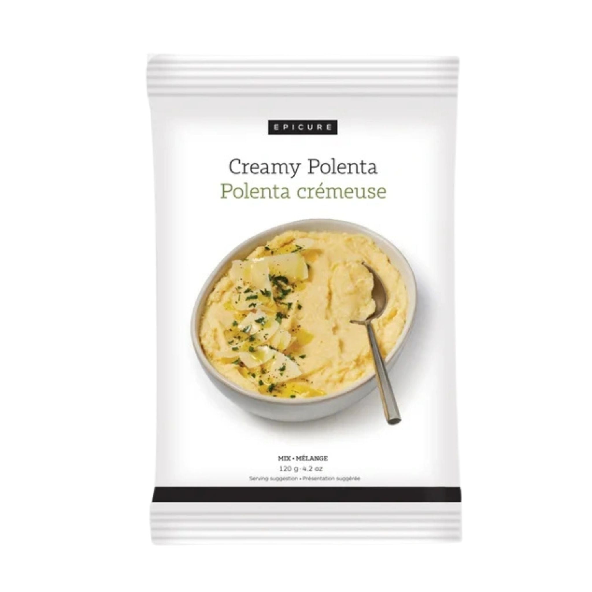 A package of Epicure Creamy Polenta (Polenta crémeuse) in a white stand-up pouch with a photo of the prepared food in a bowl on the front.