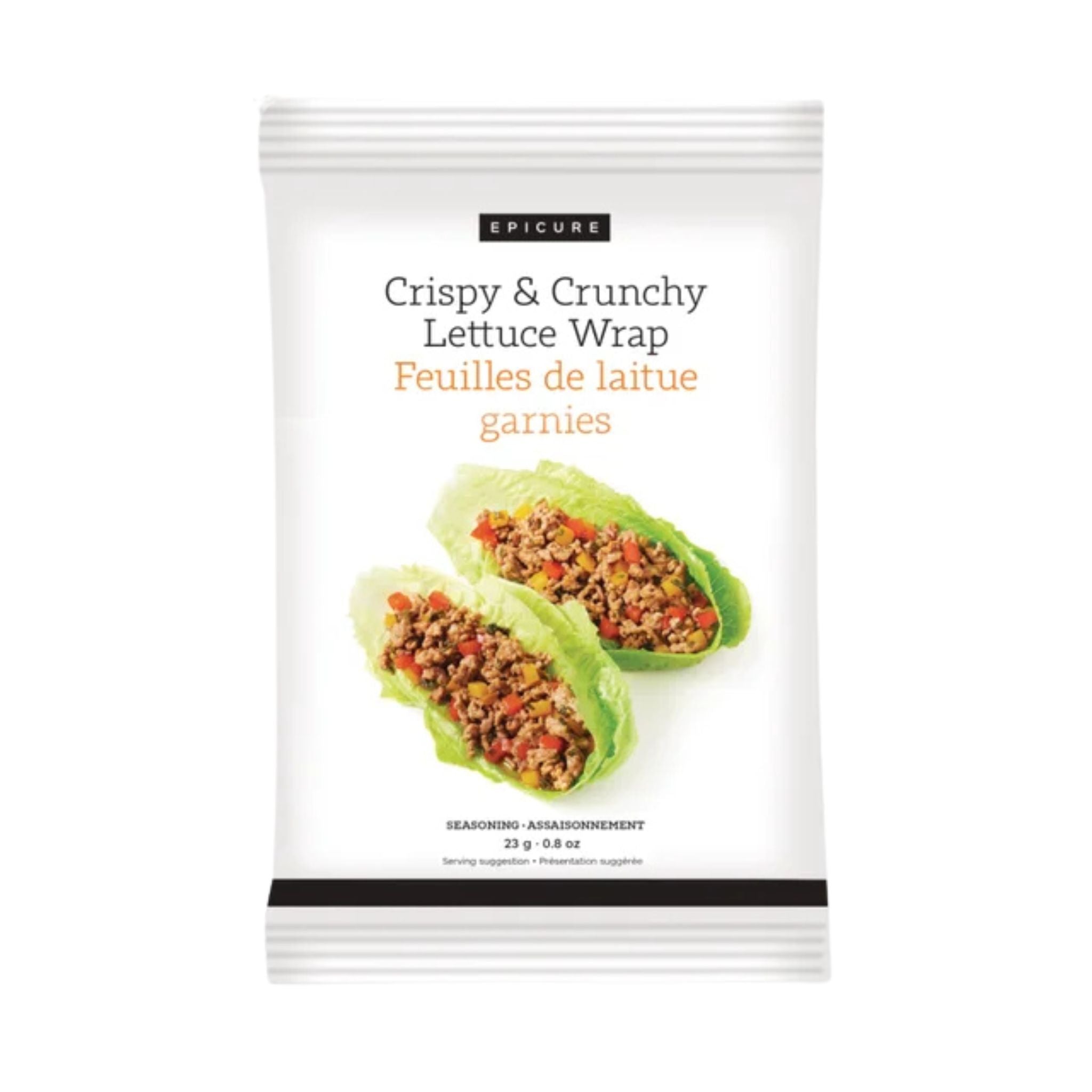 A single package of Epicure Crispy & Crunchy Lettuce Wrap seasoning, featuring a white pouch with a photo of two lettuce wraps filled with seasoned ground meat on a clean white background.