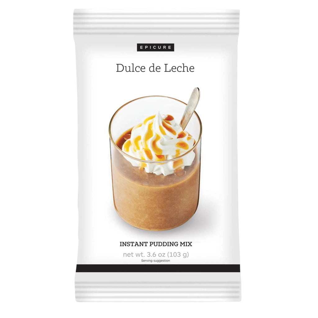 A package of Epicure Dulce de Leche Instant Pudding Mix, featuring a white bag with a photo of a caramel-topped pudding cup on the front.