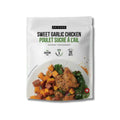 A white stand-up pouch of Epicure Sweet Garlic Chicken seasoning and assainement, featuring a photo of cooked chicken with sweet potatoes and greens on the front, on a white background.