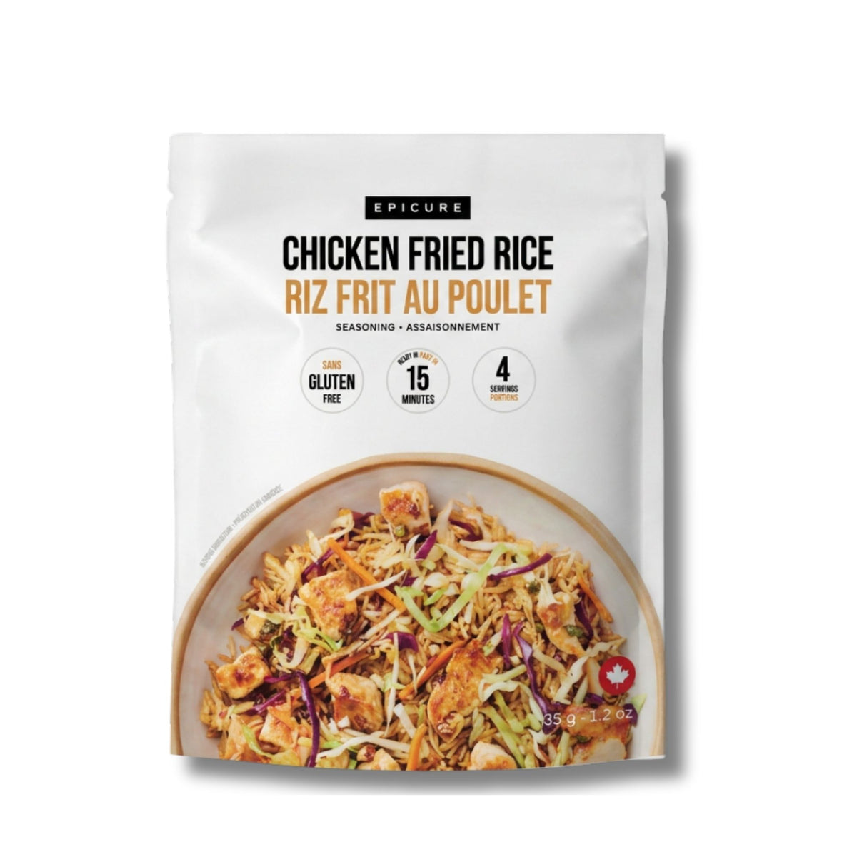 A white stand-up pouch of Epicure Chicken Fried Rice seasoning, featuring a photo of the prepared fried rice dish on the front, with text indicating gluten free, 15 minutes, and 4 serving sizes.